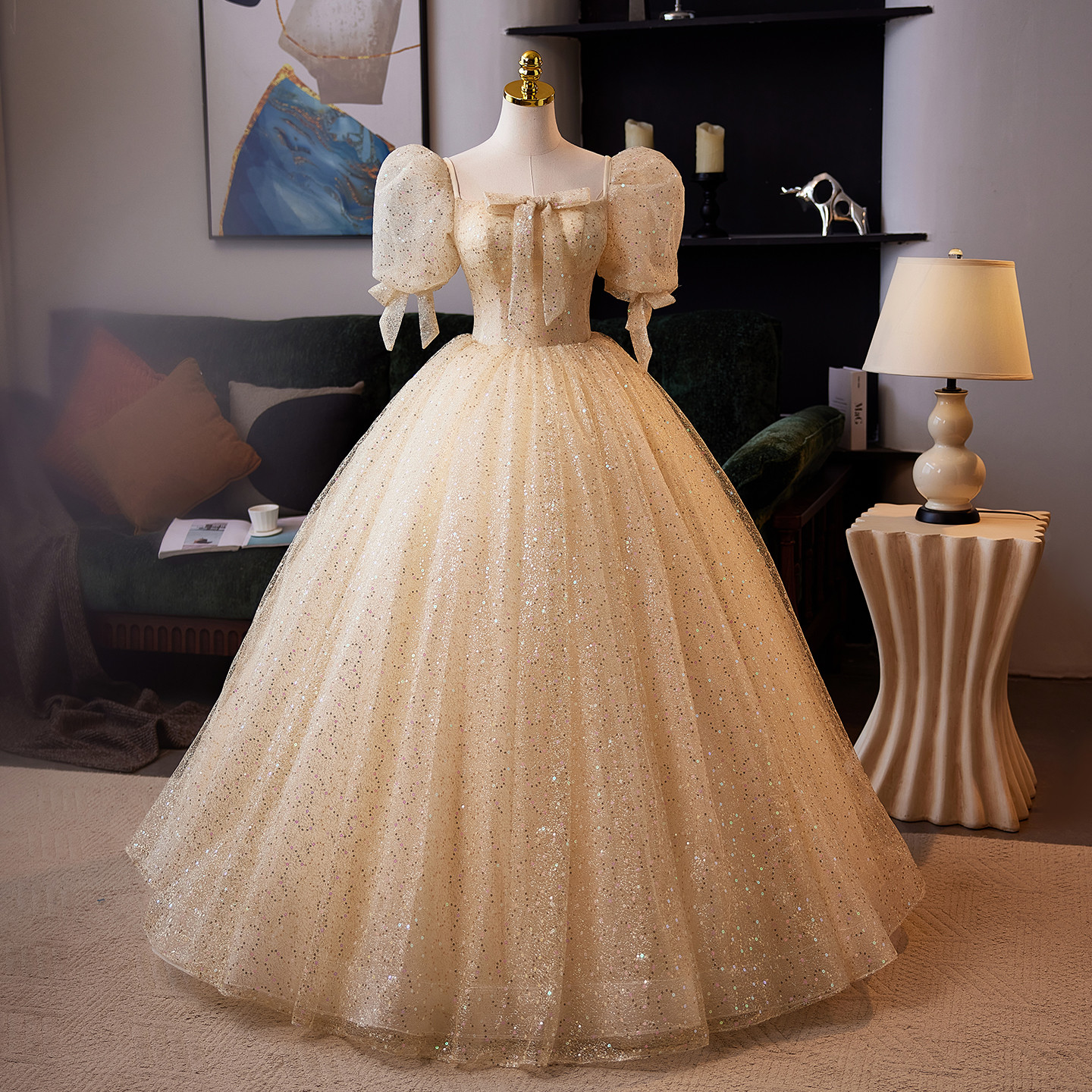 綺麗 半袖 シャンパン色 スパンコール ウェディングドレス パーティー 花嫁 演奏会 二次会 前撮り 披露宴 09063