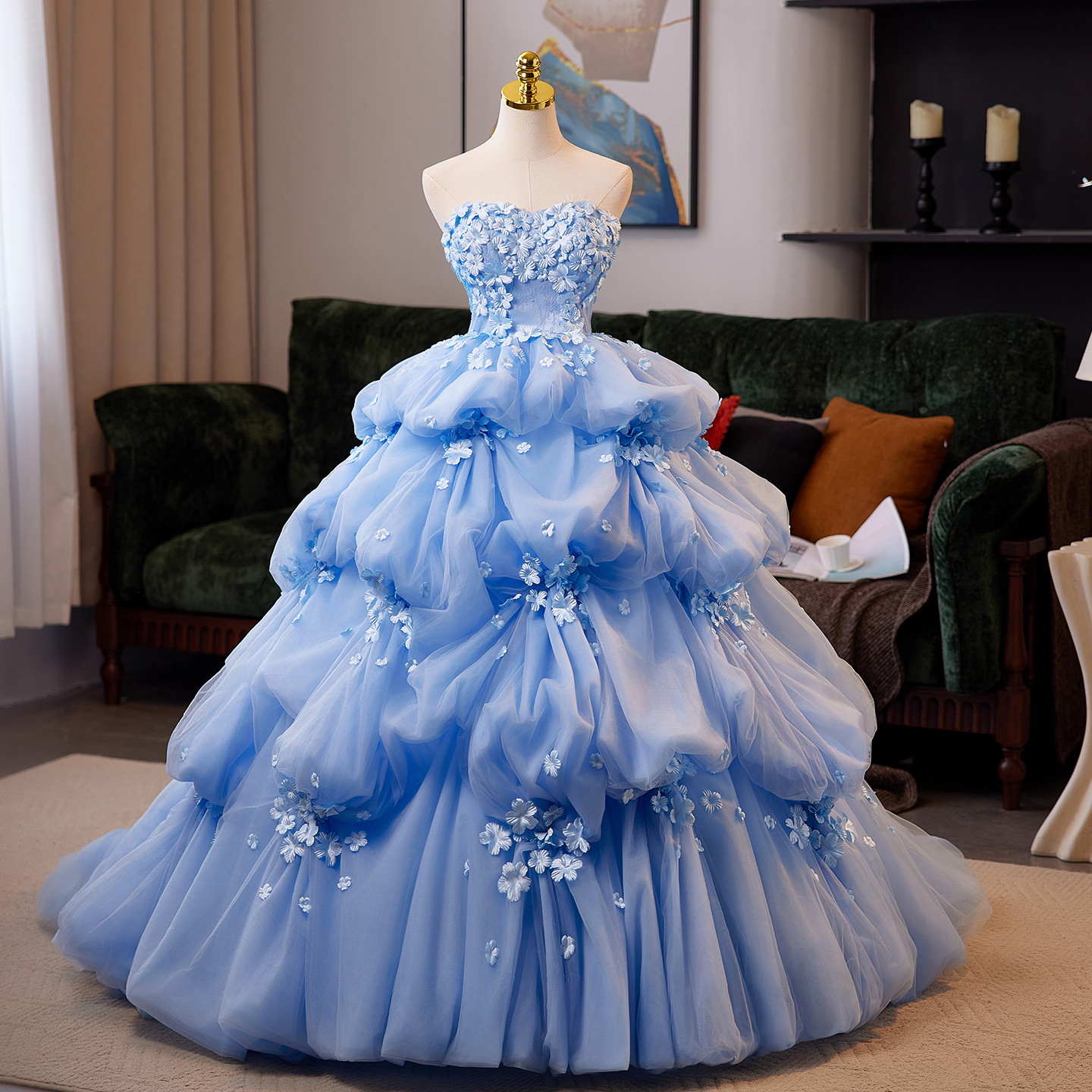豪華 青 花 ふわふわ ウェディングドレス プリンセス パーティー 花嫁 演奏会 二次会 前撮り 披露宴 09062