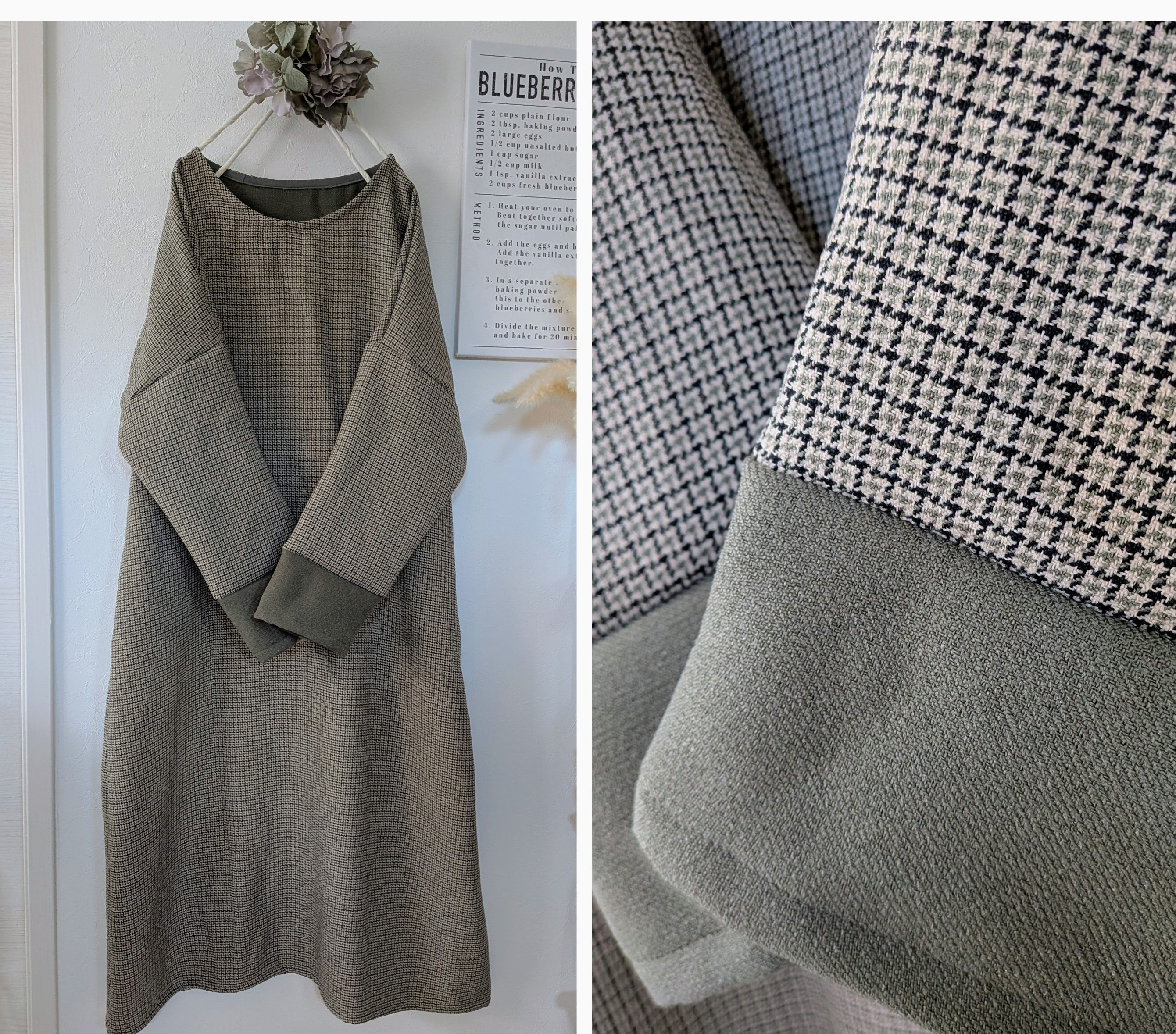 ♥ガンクラブチェック袖切替ワンピース♥モスグリーン　秋冬　ウールライク