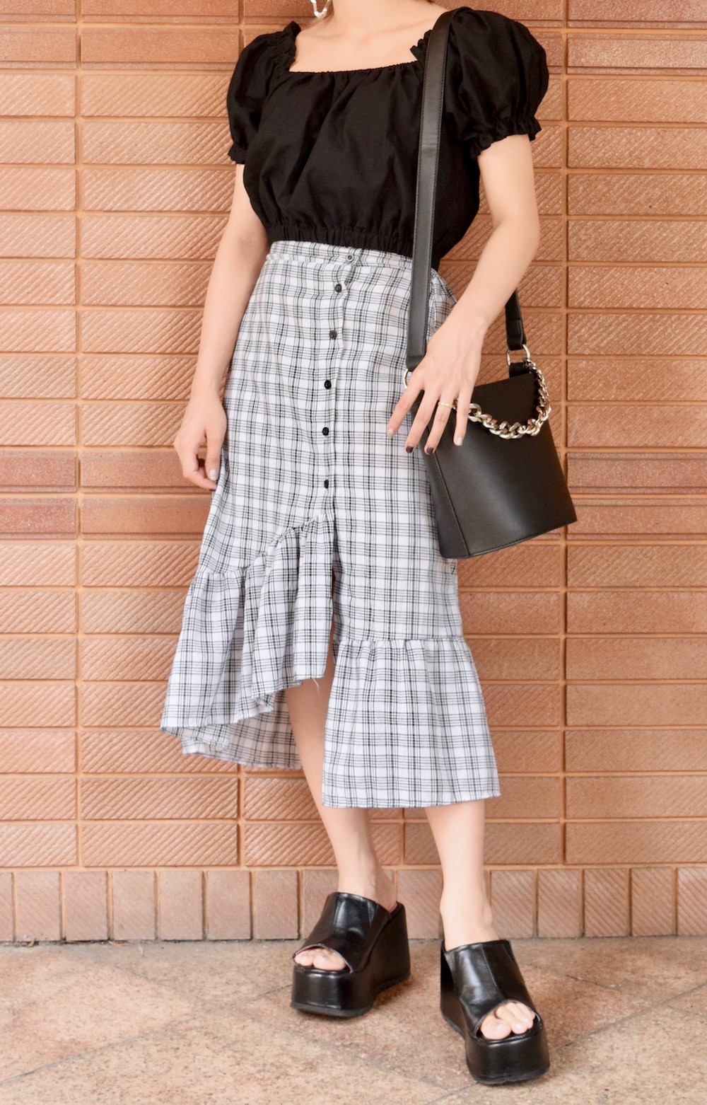 HEM-FRILL CHECK SKIRT（white）