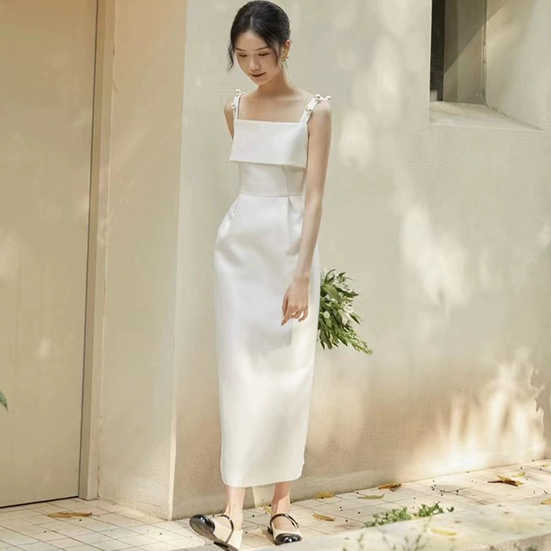 ノースリーブ 白 黒 サテン パーティードレス シンプル 韓国風 パーティー 結婚式 演奏会 二次会 前撮り HL288