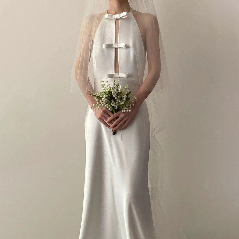 ノースリーブ 白 黒 サテン パーティードレス シンプル 韓国風 パーティー 結婚式 演奏会 二次会 前撮り HL289