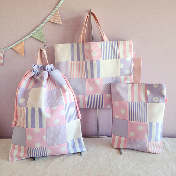 【三件套裝】拼布包 ● 課程包 ● 鞋盒 ● 體操服包 紫色 【尺寸可調】 第1張的照片