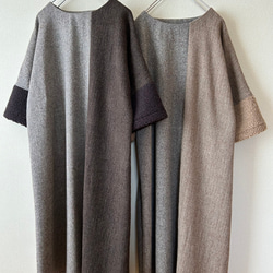 異素材ミックスのロングワンピース　お袖ボア　ブラウン 5枚目の画像