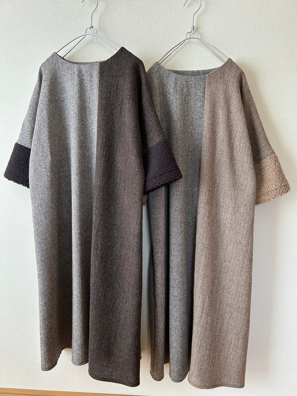 異素材ミックスのロングワンピース　お袖ボア　ブラウン 5枚目の画像