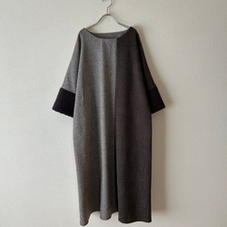 異素材ミックスのロングワンピース　お袖ボア　ブラウン 7枚目の画像