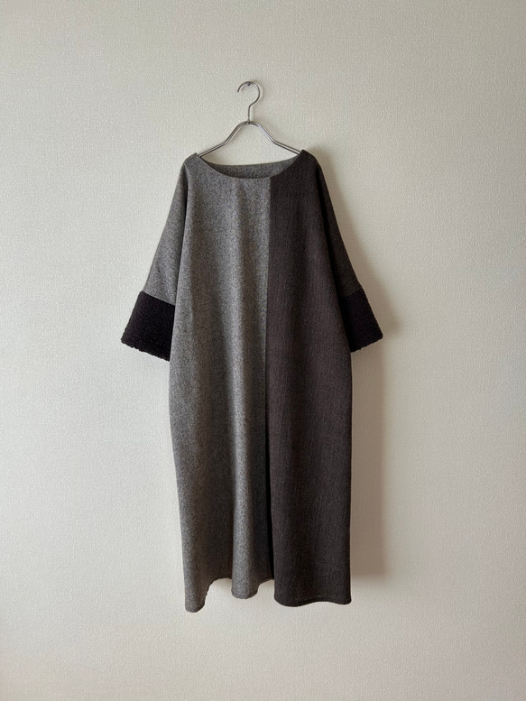 異素材ミックスのロングワンピース　お袖ボア　ブラウン 7枚目の画像