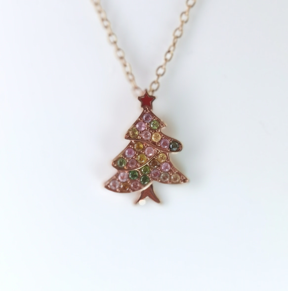 冬限定！クリスマスツリー！天然「トルマリン」ネックレス*ピンクゴールド色 1枚目の画像