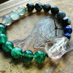 ◇四線虎牙天珠＆天然カラーグリーンタイガーアイ（ウルフアイ）の