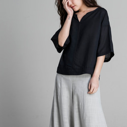 V領五分袖上衣 - 黑 第1張的照片