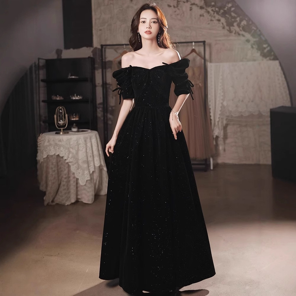 オフショルダー 黒 ワインレッド サテン ウェディングドレス 結婚式 パーティー 演奏会 二次会 前撮り HL293