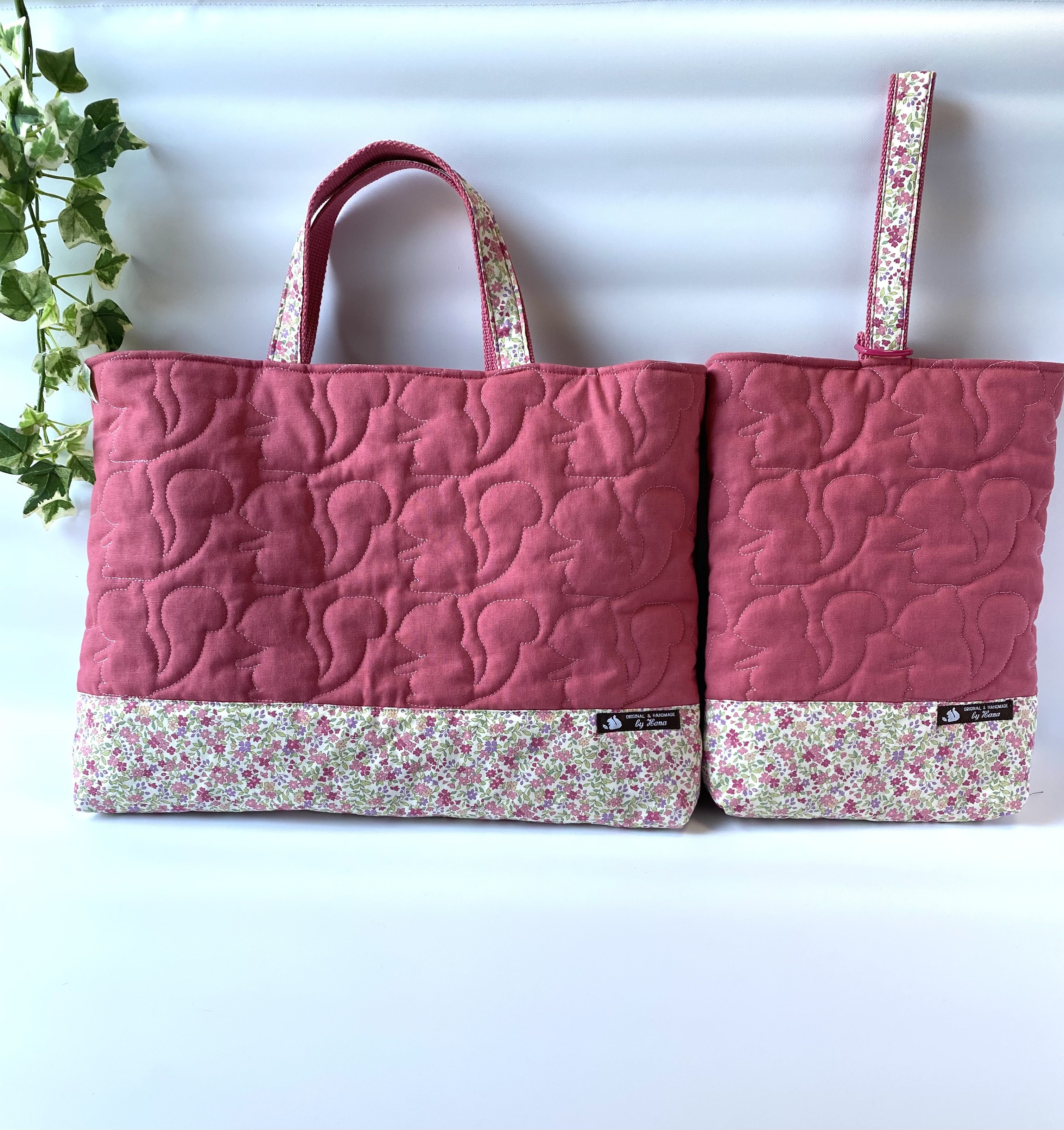 りすキルト(オールドローズ)&花柄・通園通学2点セット