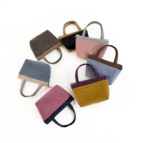 バイカラー/コーデュロイ×帆布/前ポケット付きミニミニトートポーチ【7色からお選びいただけます】 1枚目の画像