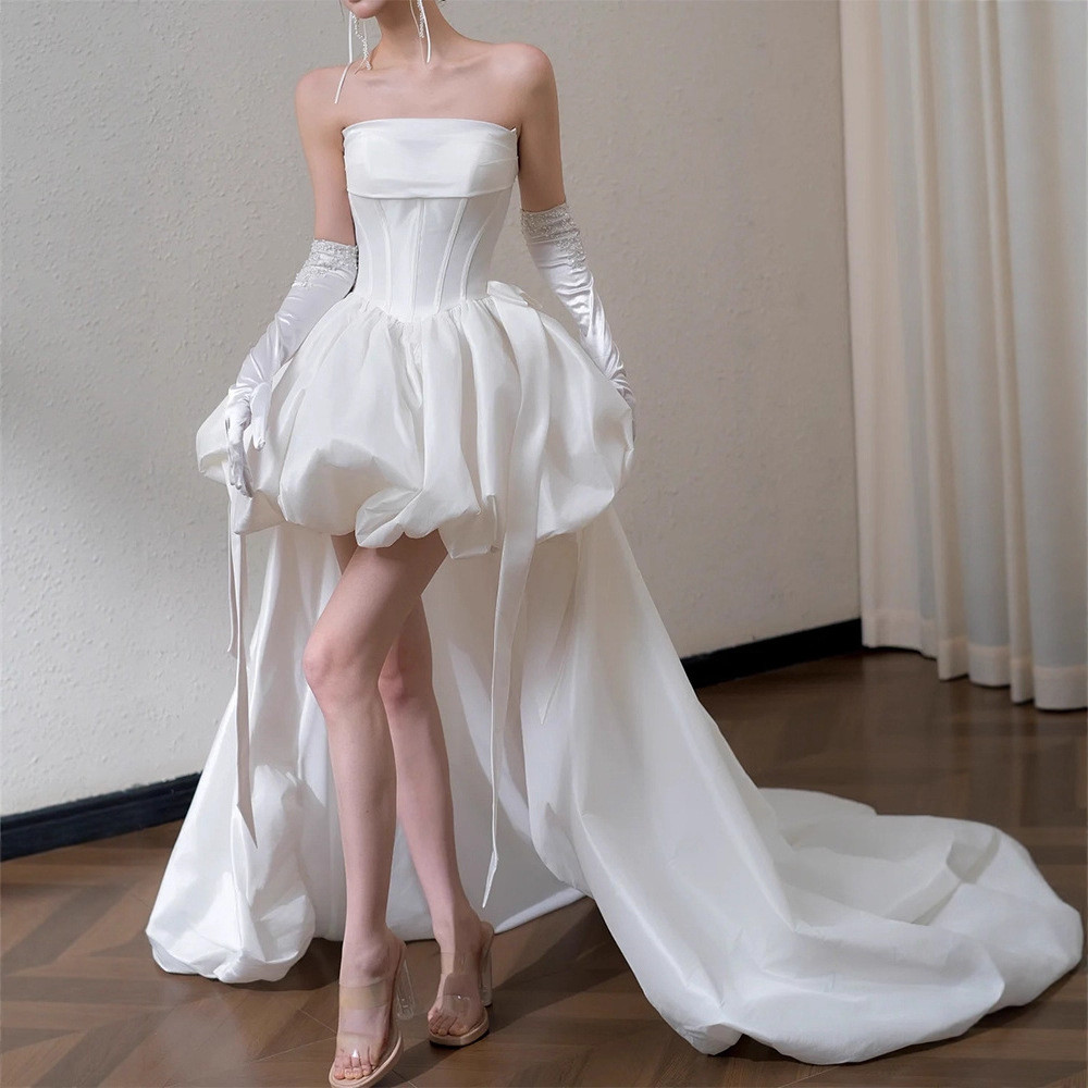 ノースリーブ 白黒 裾引き ウェディングドレス シンプル 韓国風 結婚式 パーティー 演奏会 二次会 前撮り HL294