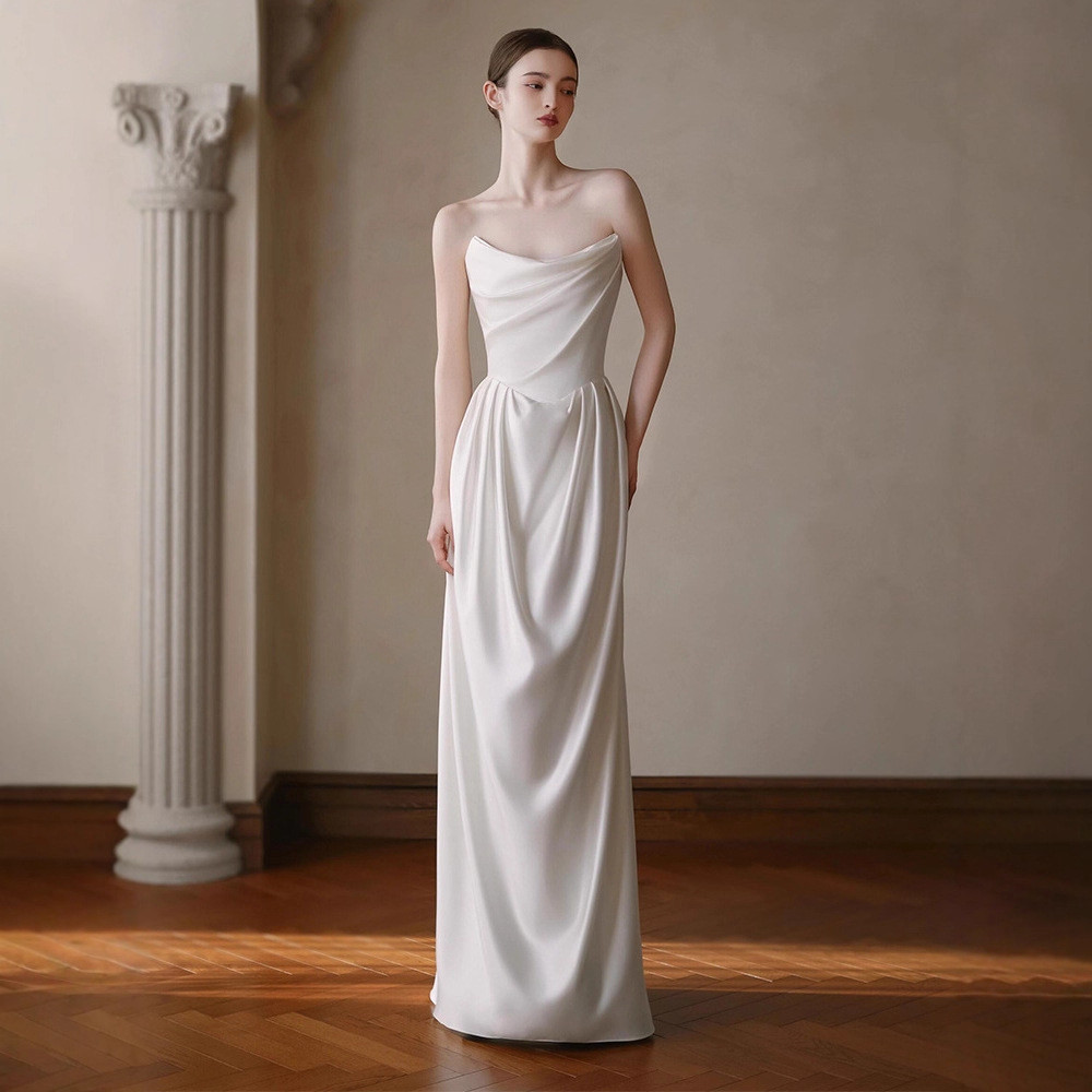 ノースリーブ 白 黒 サテン パーティードレス シンプル 韓国風 パーティー 結婚式 演奏会 二次会 前撮り HL295