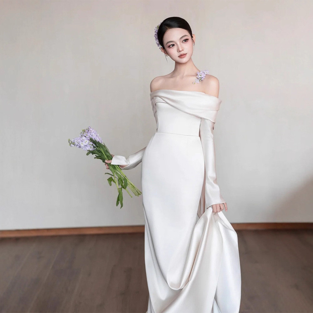 オフショルダー 白 サテン パーティードレス シンプル 韓国風 パーティー 結婚式 演奏会 二次会 前撮り HL296