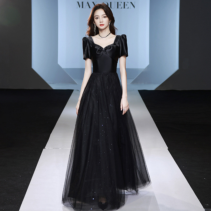パフスリーブ 黒 パーティードレス シンプル 韓国風 結婚式 パーティー 演奏会 二次会 前撮り HL297