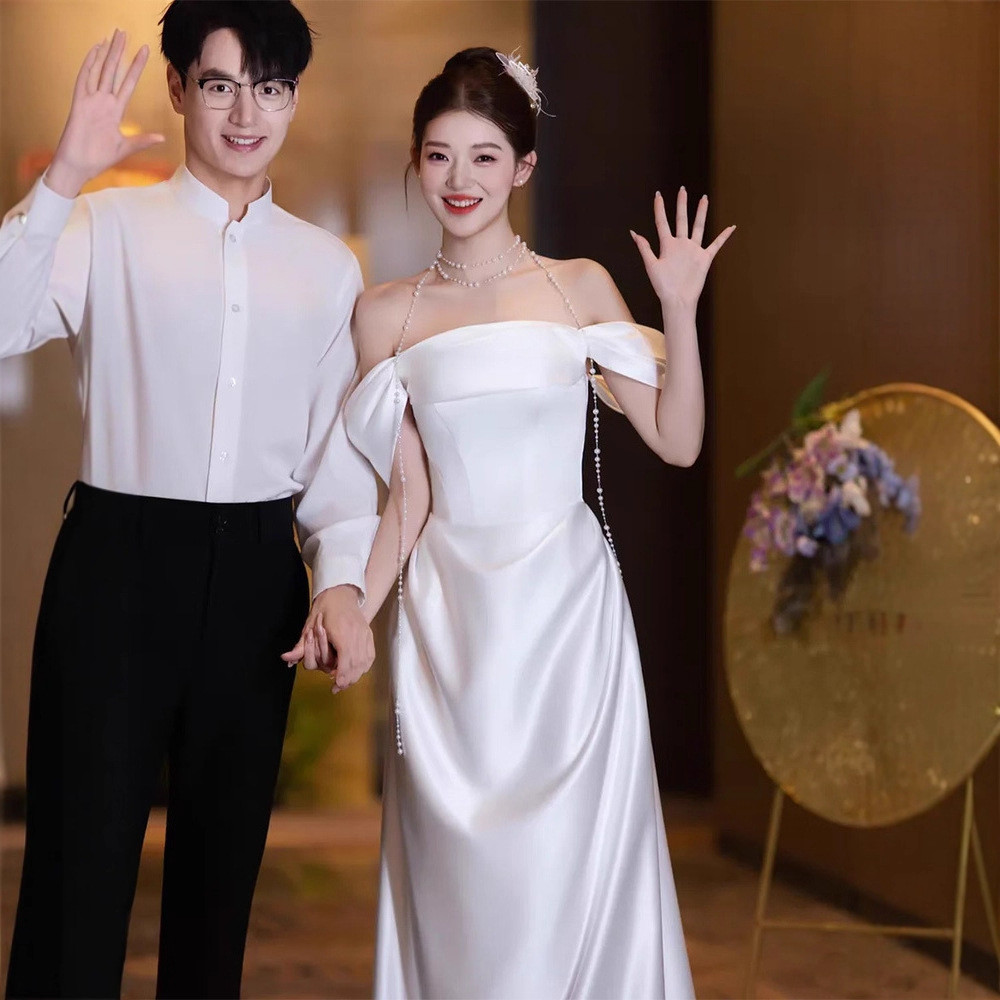 オフショルダー 白黒 ウェディングドレス シンプル 韓国風 花嫁 結婚式 パーティー 演奏会 二次会 前撮り HL303