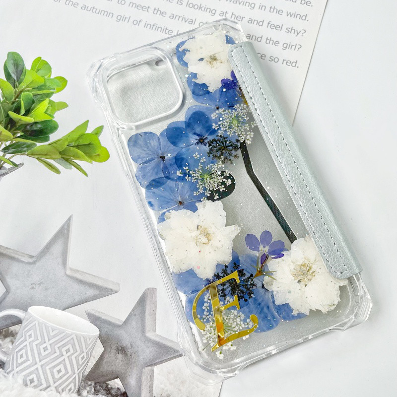 紫陽花（あじさい）押し花スマホケース、四隅にショルダーホール付き、iPhone全機種対応、手帳型、iPhone17