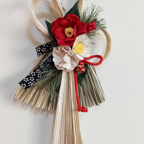 お正月2026】☆新作☆ 紅白椿水引本しめ縄お正月しめ縄飾り しめ縄