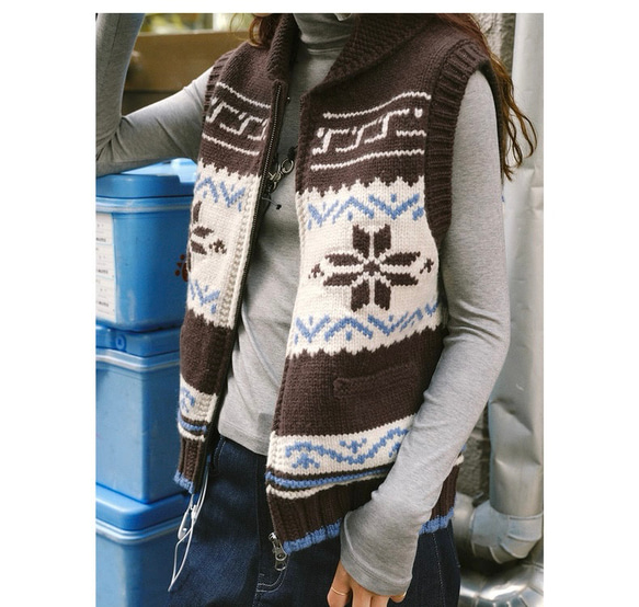 2色 レイヤードに着回し抜群！ウール100%北欧風編みベスト ポケット付き【秋冬春】ネイビー系・ブラウン系 4枚目の画像