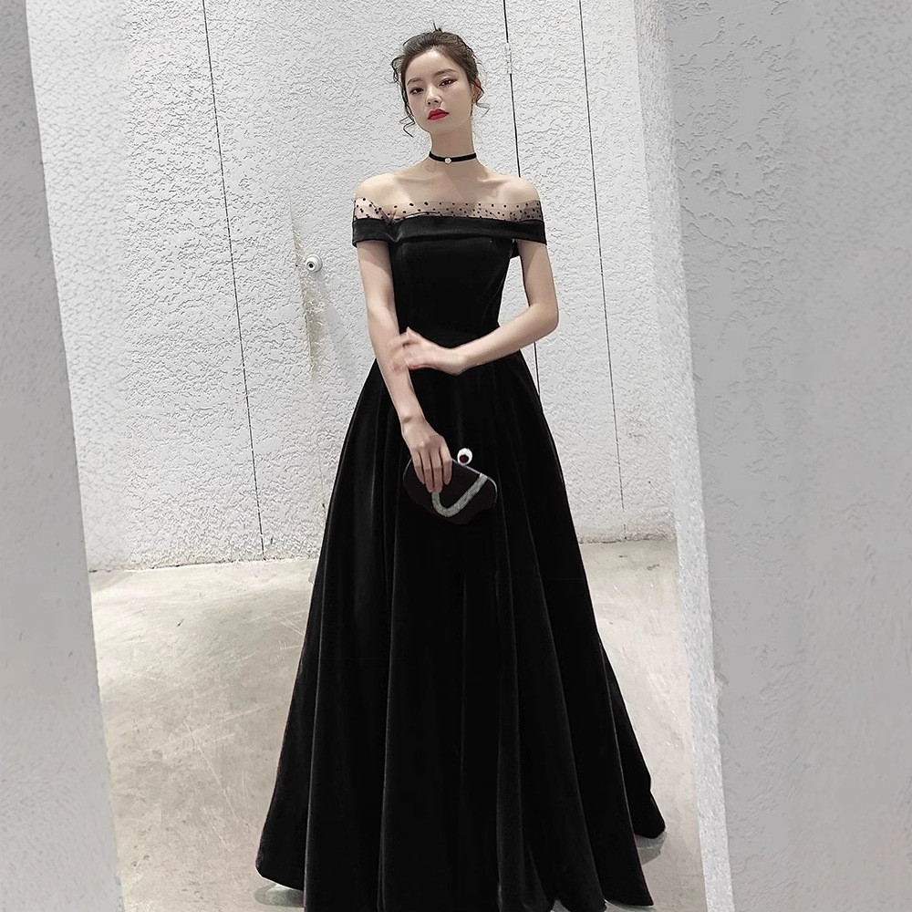 オフショルダー 黒 白 パーティードレス シンプル 韓国風 結婚式 パーティー 演奏会 二次会 前撮り HL318