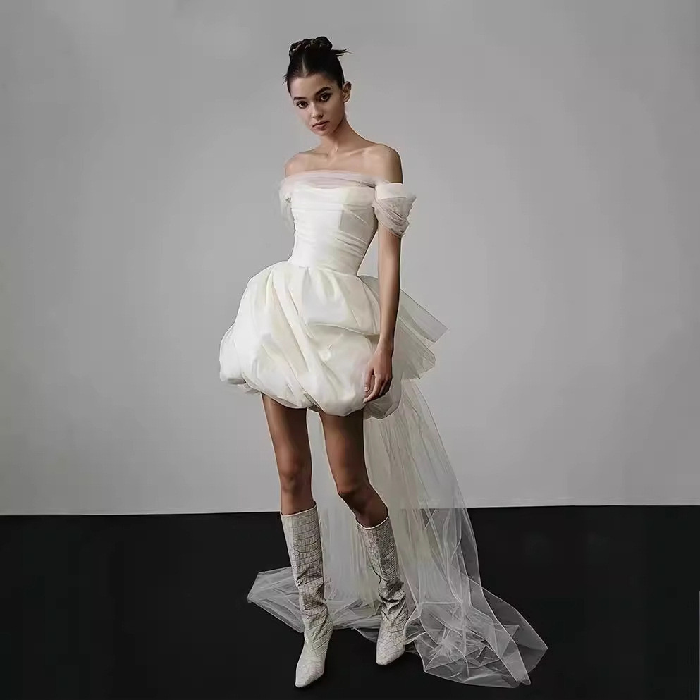 オフショルダー 白黒 ウェディングドレス シンプル 韓国風 花嫁 結婚式 パーティー 演奏会 二次会 前撮り HL319