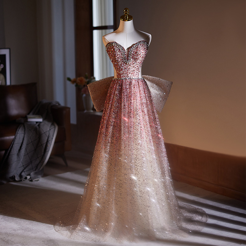 豪華 ピンク スパンコール リボン パーティードレス 綺麗 パーティー 花嫁 演奏会 二次会 前撮り 披露宴 09054