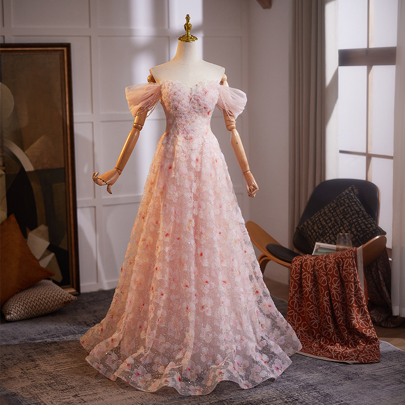 豪華 ピンク 花 オフショルダー パーティードレス プリンセス 綺麗 花嫁 演奏会 二次会 前撮り 披露宴 09053