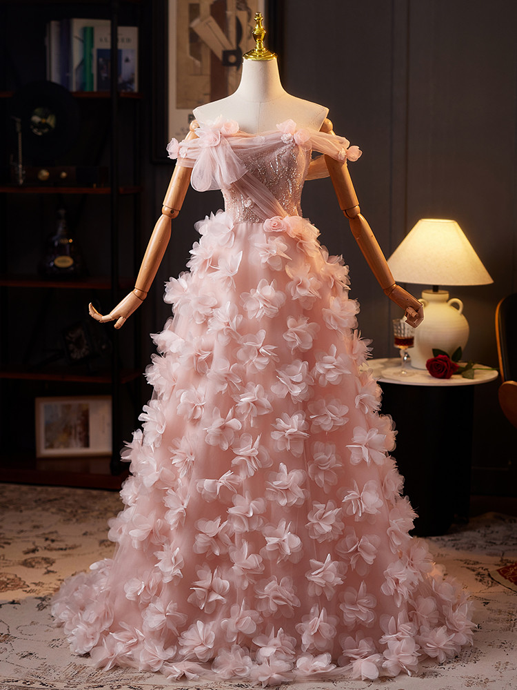 綺麗 ピンク オフショルダー 花 ウェディングドレス プリンセス 花嫁 演奏会 二次会 前撮り 披露宴 09049
