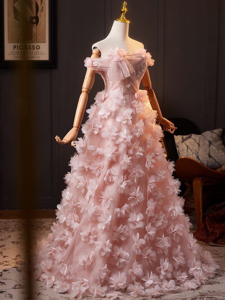 綺麗 ピンク オフショルダー 花 ウェディングドレス プリンセス 花嫁 演奏会 二次会 前撮り 披露宴 09049