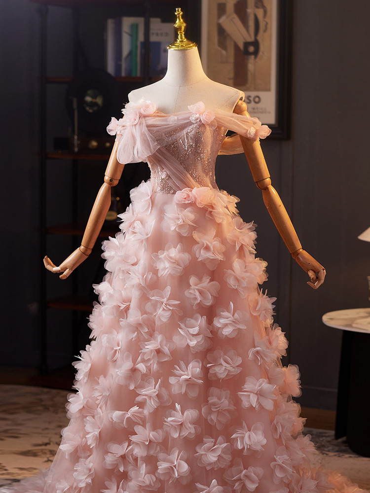 綺麗 ピンク オフショルダー 花 ウェディングドレス プリンセス 花嫁 演奏会 二次会 前撮り 披露宴 09049