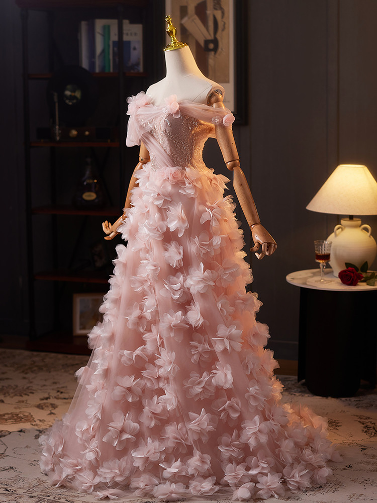 綺麗 ピンク オフショルダー 花 ウェディングドレス プリンセス 花嫁 演奏会 二次会 前撮り 披露宴 09049