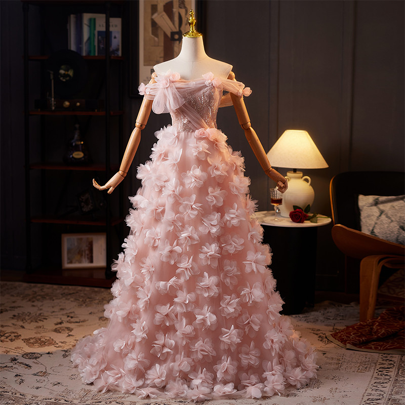綺麗 ピンク オフショルダー 花 ウェディングドレス プリンセス 花嫁 演奏会 二次会 前撮り 披露宴 09049