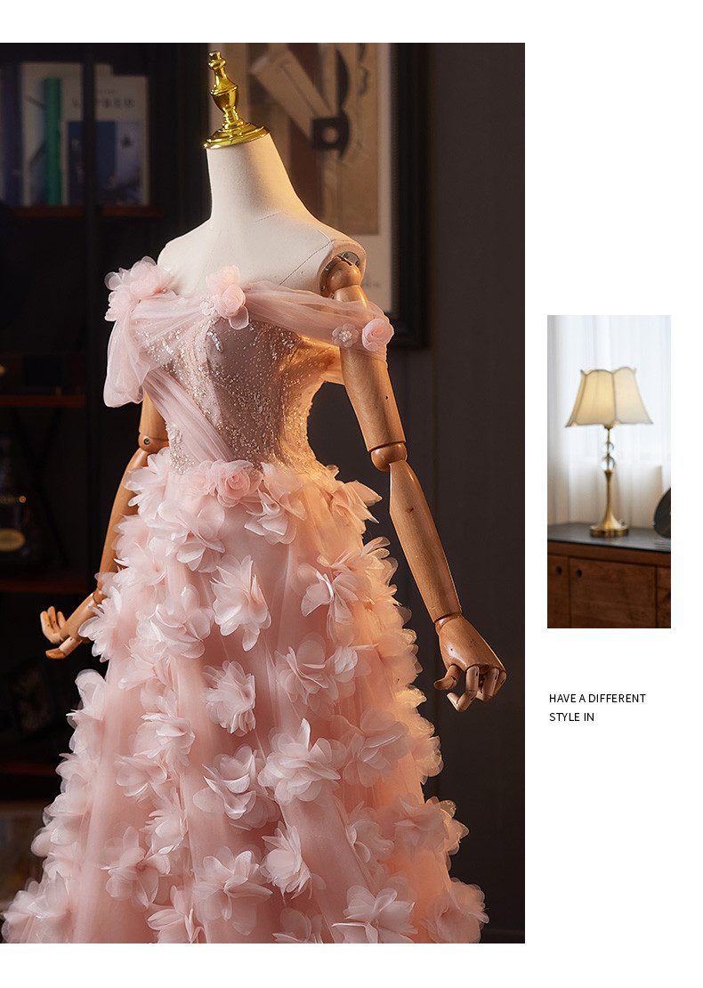 綺麗 ピンク オフショルダー 花 ウェディングドレス プリンセス 花嫁 演奏会 二次会 前撮り 披露宴 09049
