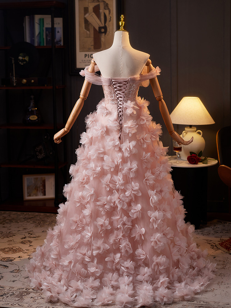 綺麗 ピンク オフショルダー 花 ウェディングドレス プリンセス 花嫁 演奏会 二次会 前撮り 披露宴 09049