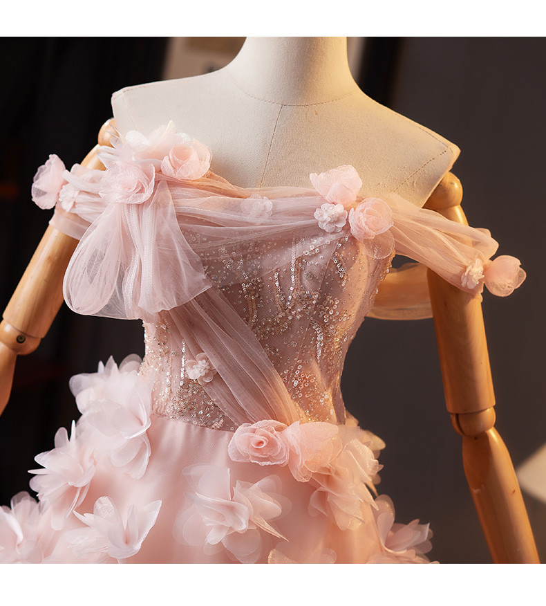 綺麗 ピンク オフショルダー 花 ウェディングドレス プリンセス 花嫁 演奏会 二次会 前撮り 披露宴 09049