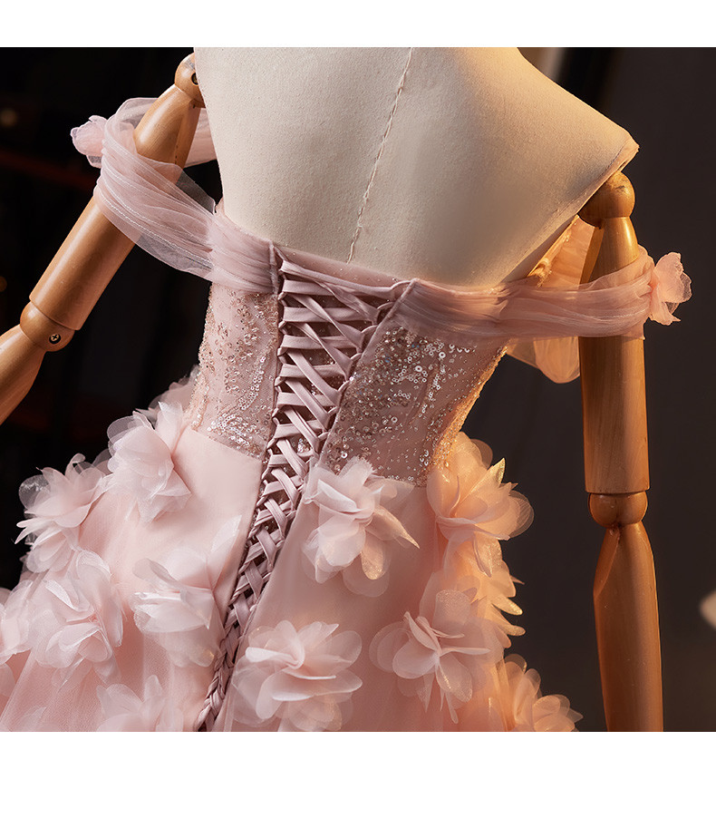 綺麗 ピンク オフショルダー 花 ウェディングドレス プリンセス 花嫁 演奏会 二次会 前撮り 披露宴 09049
