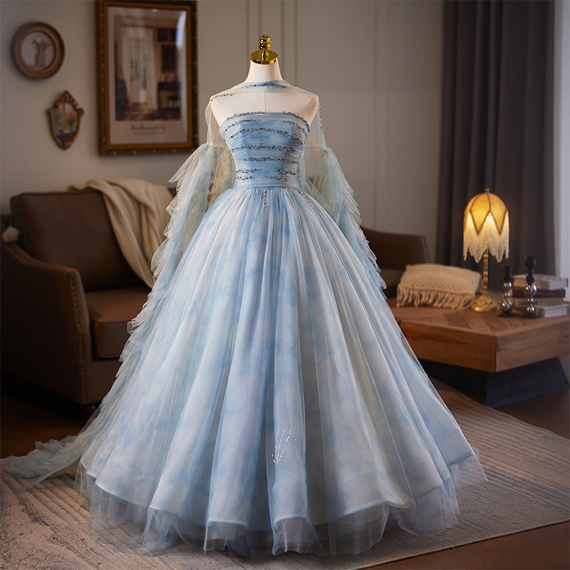 豪華 青 ふわふわ 裾引き ウェディングドレス プリンセス 結婚式 花嫁 演奏会 二次会 前撮り 披露宴 09046