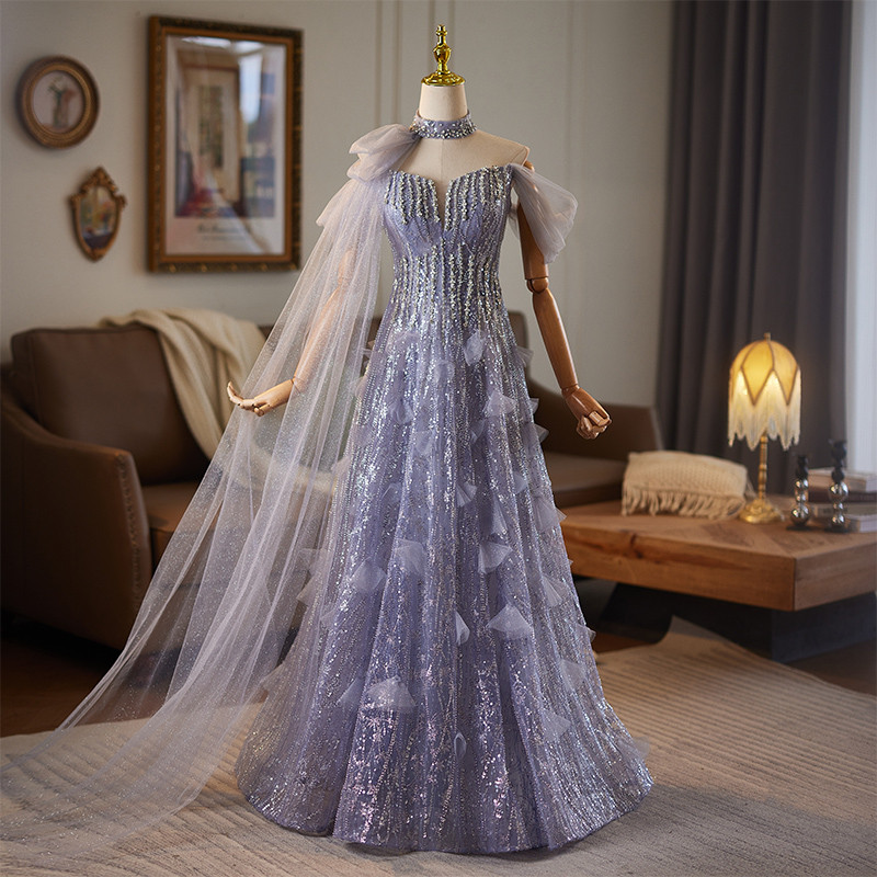 豪華 紫 スパンコール パーティードレス 裾引き 綺麗 結婚式 花嫁 演奏会 二次会 前撮り 披露宴 09045