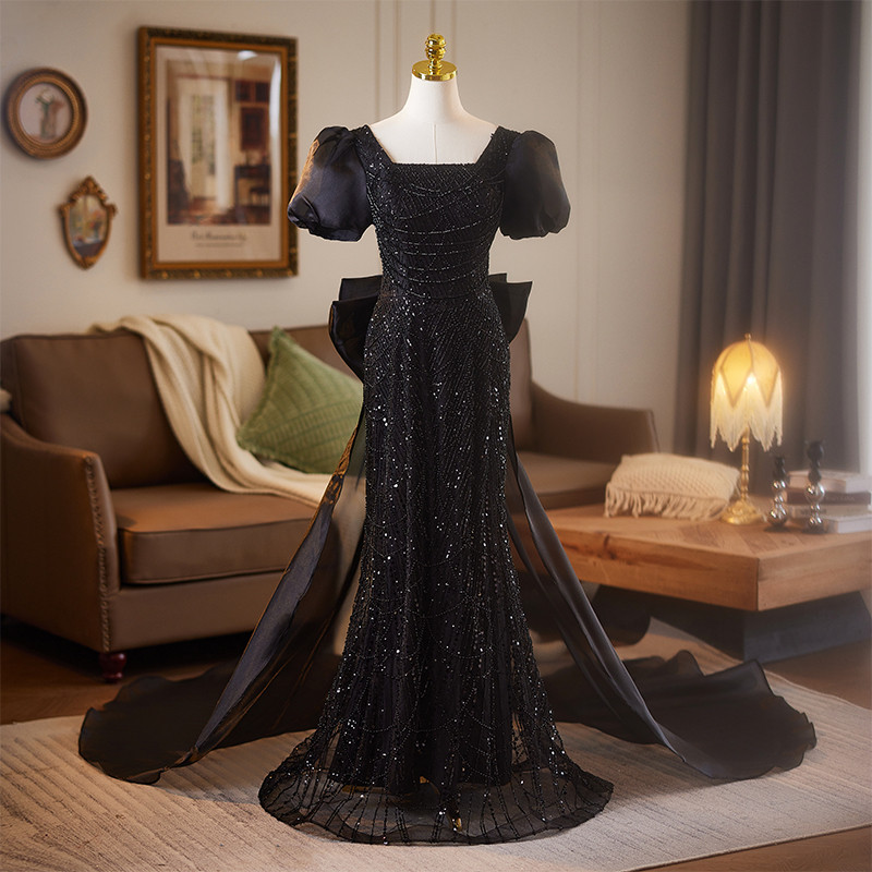 豪華 黒 スパンコール パフスリーブ パーティードレス 裾引き 結婚式 花嫁 演奏会 二次会 前撮り 披露宴 09044