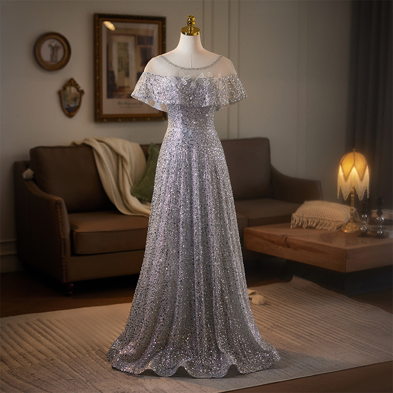 豪華 グレー スパンコール きらきら パーティードレス 高級感 結婚式 演奏会 二次会 前撮り 披露宴 09043