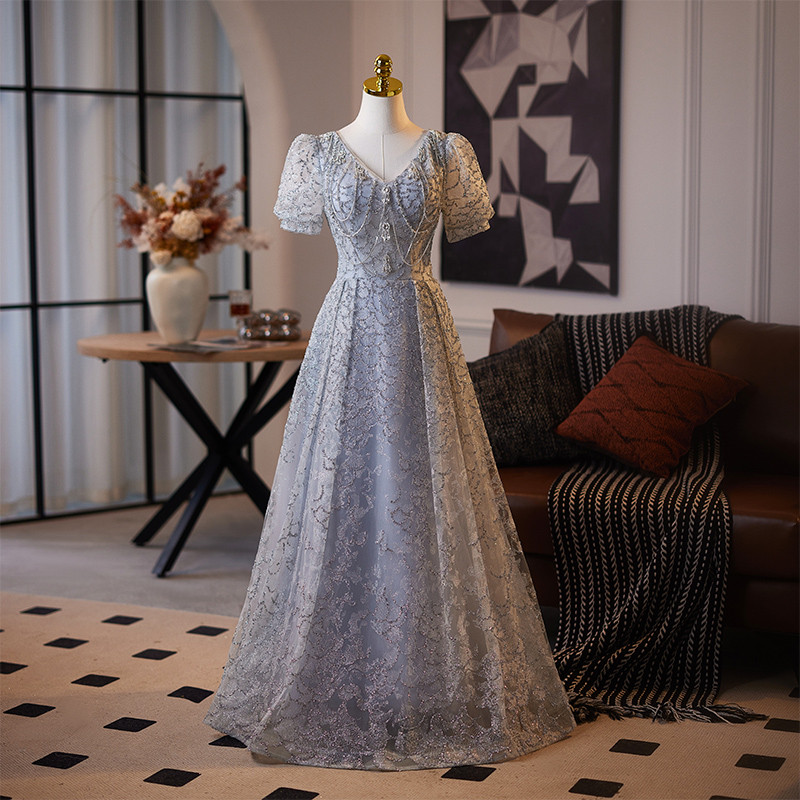 豪華 グレー 半袖 スパンコール きらきら パーティードレス 高級感 結婚式 演奏会 二次会 前撮り 披露宴 09039