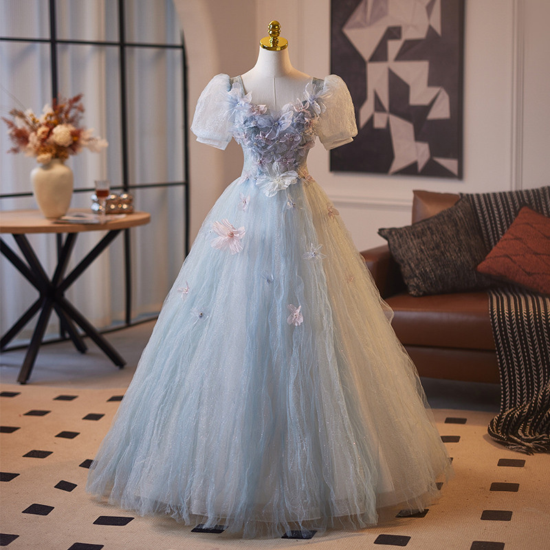 豪華 薄青 半袖 花 パーティードレス プリンセス 綺麗 結婚式 花嫁 演奏会 二次会 前撮り 披露宴 09037