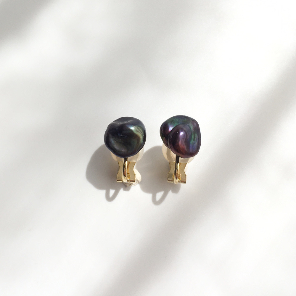 一点物 照り綺麗 ケシバロック パールイヤリング ブラックパープル系