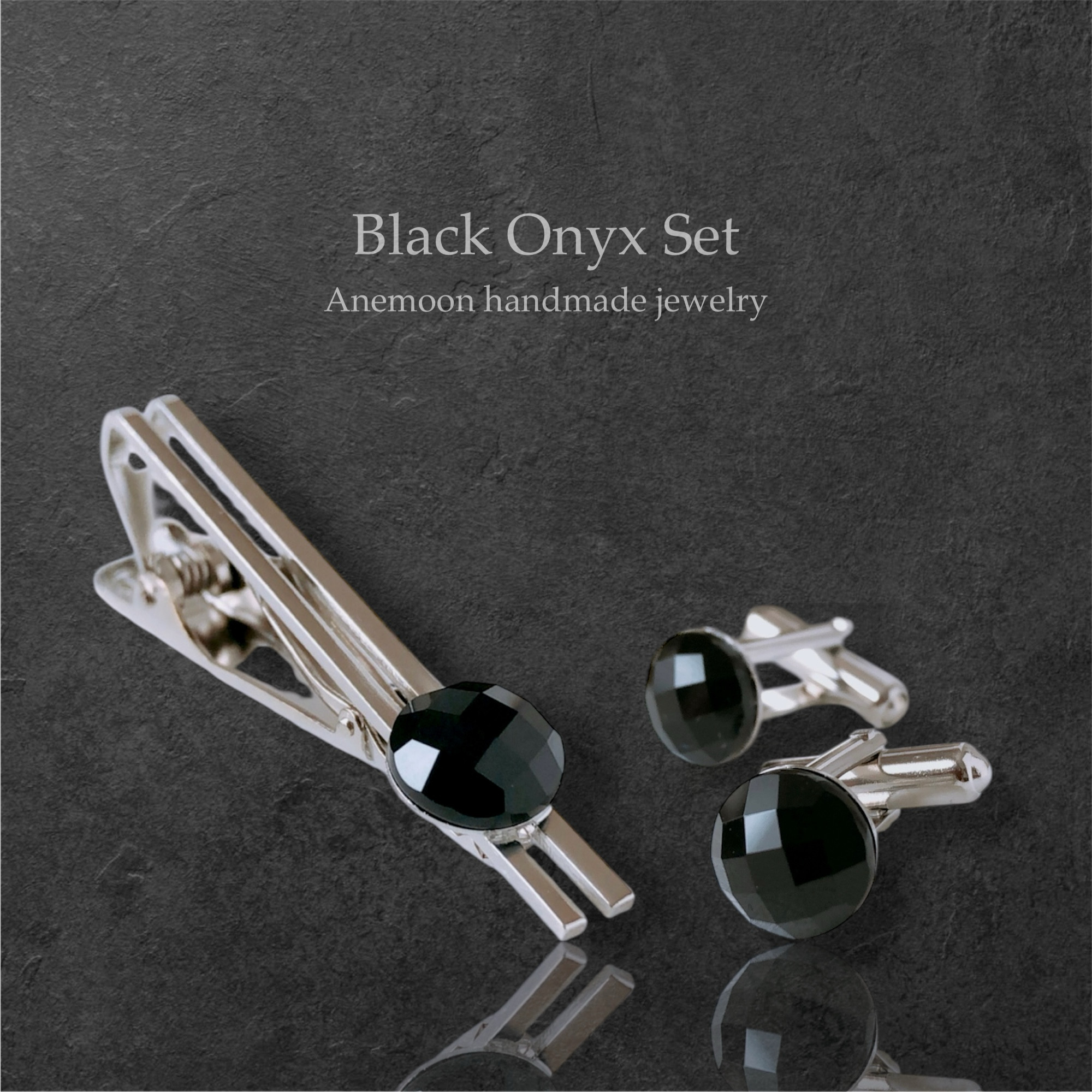 【セット】ブラックオニキスネクタイピンとカフスボタン 父の日 誕生日 クリスマス プレゼント