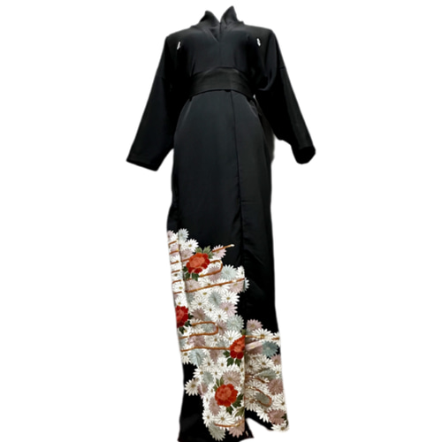 留袖 着物リメイク タック襟ドレス 和柄 ワンピース 牡丹や金糸 丈132