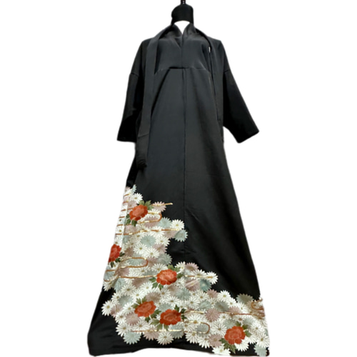 留袖 着物リメイク タック襟ドレス 和柄 ワンピース 牡丹や金糸 丈132