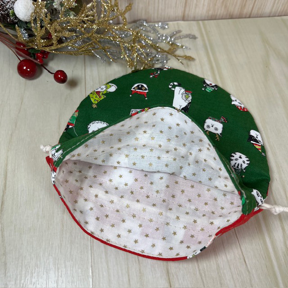 ニャンコたちのクリスマス小丸巾着　裏付き　レッド＆グリーン　送料込み 5枚目の画像