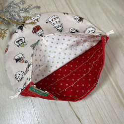 ニャンコたちのクリスマス小丸巾着　裏付き　レッド＆ホワイト　送料込み 5枚目の画像